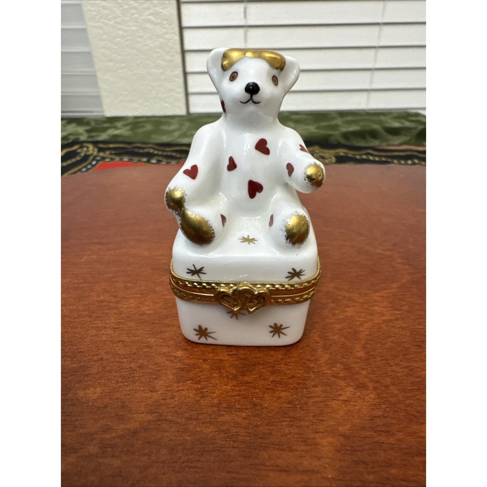 Limoges Paint Main Cute White Teddy Bear Trinket Box Hearts Stars Vintage EUC